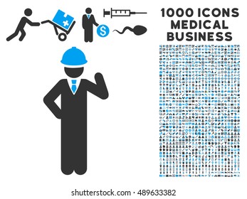 Engineer icon with 1000 medical business bicolor blue and gray vector pictograms. Design style is flat symbols, white background.