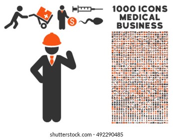 Engineer icon with 1000 medical business orange and gray vector pictographs. Design style is flat bicolor symbols, white background.