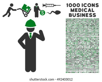 Engineer icon with 1000 medical business green and gray vector design elements. Collection style is flat bicolor symbols, white background.