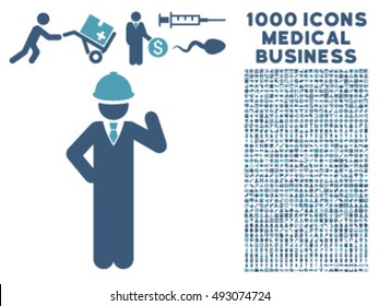 Engineer icon with 1000 medical business cyan and blue vector pictograms. Collection style is flat bicolor symbols, white background.