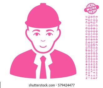 Engineer icon with bonus men images. Vector illustration style is flat iconic pink symbols on white background.