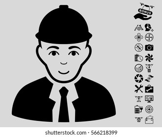 Engineer icon with bonus quad copter tools icon set. Vector illustration style is flat iconic black symbols on light gray background.