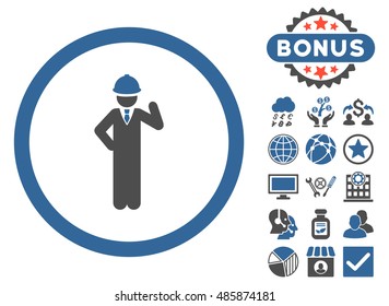 Engineer icon with bonus symbols. Vector illustration style is flat iconic bicolor symbols, cobalt and gray colors, white background.