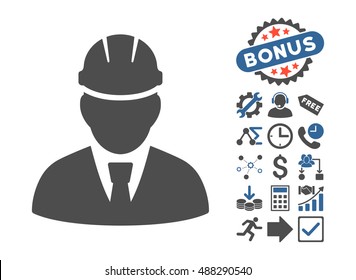 Engineer icon with bonus symbols. Vector illustration style is flat iconic bicolor symbols, cobalt and gray colors, white background.