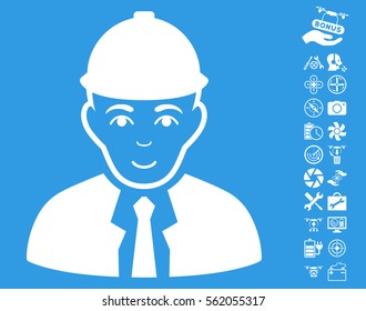 Engineer icon with bonus uav tools design elements. Vector illustration style is flat iconic white symbols on blue background.