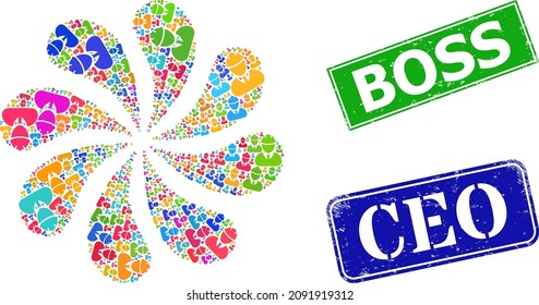 Engineer icon colored swirl burst turbine salute shape, and grunge Boss stamp seal. Blue Ceo and green Boss rectangle grunge seal stamps.