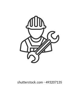 engineer icon, line design. repairer man with a wrench