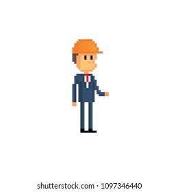 Engineer icon. Pixel art. Old school computer graphic. 8 bit video game. Game assets 8-bit sprite. 16-bit.