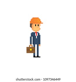 Engineer icon. Pixel art. Old school computer graphic. 8 bit video game. Game assets 8-bit sprite. 16-bit.