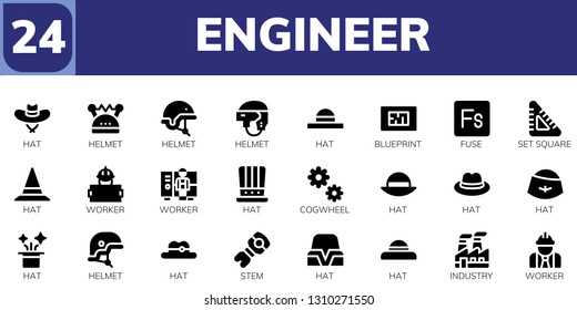 engineer icon set. 24 filled engineer icons.  Collection Of - Hat, Helmet, Blueprint, Fuse, Set square, Worker, Cogwheel, Stem, Industry