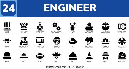 engineer icon set. 24 filled engineer icons.  Collection Of - Hat, Helmet, Worker, Cogwheel, Industry, Project