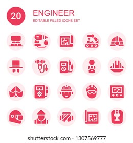 engineer icon set. Collection of 20 filled engineer icons included Projection, Driller, Blueprint, Robot arm, Helmet, Hat, Ear protection, Voltmeter, Worker, Engineering, Safety glasses