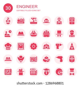 engineer icon set. Collection of 30 filled engineer icons included Hat, Conveyor belt, Robotic arm, Worker, Helmet, Production, Cogwheel, Driller, Architecture, Voltmeter, Electrician