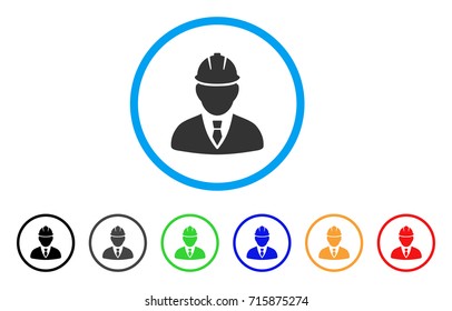 Engineer icon. Vector illustration style is a flat iconic engineer grey rounded symbol inside light blue circle with black, gray, green, blue, red, orange color additional versions.