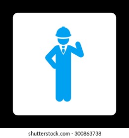 Engineer icon. Vector style is blue and white colors, flat rounded square button on a black background.