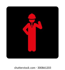 Engineer icon. Vector style is intensive red and black colors, flat rounded square button on a white background.