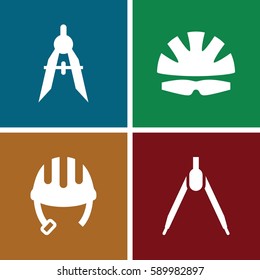 engineer icons set. Set of 4 engineer filled icons such as helmet