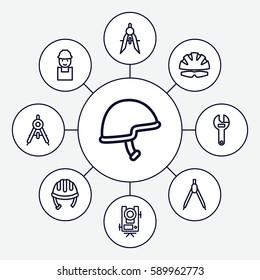 engineer icons set. Set of 9 engineer outline icons such as compass, level equipment, helmet, worker