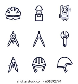 engineer icons set. Set of 9 engineer outline icons such as compass, level equipment, helmet, worker