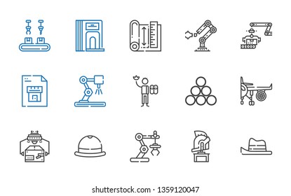 engineer icons set. Collection of engineer with hat, helmet, industrial robot, engine, industry, worker, blueprint, divider. Editable and scalable engineer icons.