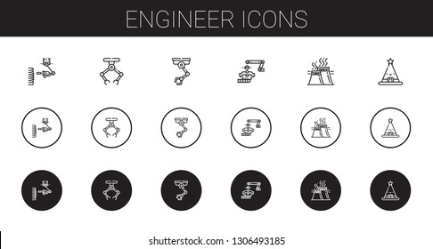 engineer icons set. Collection of engineer with industrial robot, industry, hat. Editable and scalable engineer icons.