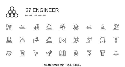 engineer icons set. Collection of engineer with industrial robot, helmet, blueprint, worker, hat, industry, architecture. Editable and scalable engineer icons.