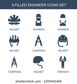 engineer icons. Trendy 9 engineer icons. Contain icons such as helmet, worker, compass, wrench. engineer icon for web and mobile.