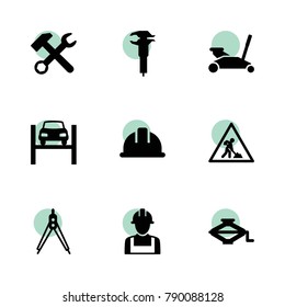 Engineer icons. vector collection filled engineer icons set.. includes symbols such as wrench hammer, caliper, car lift, car jack. use for web, mobile and ui design.