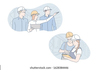 Engineer, industrial, building, teamwork set concept. Men and women present building. Boy and girl builders do teamwork, check plan of industrial project. Engineer examines factory. Simple flat vector