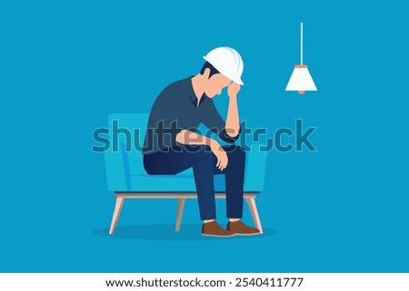 Engineer industry unemployed. Feeling stress, tired and headache asian man sitting depressed isolated flat vector illustration.