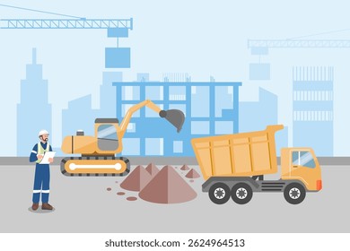 Engineer inspecting construction site with excavator and dump truck, perfect background for presentation or project reports. Flat vector illustration.