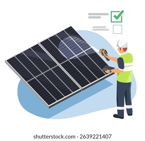 Engineer inspecting solar panels using a handheld thermal camera to detect hotspots and ensure optimal performance in a renewable energy system isometric