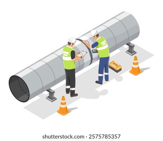 Engineer inspection Technicians testing to weld pipe with ultrasonic method  isometric isolated illustration