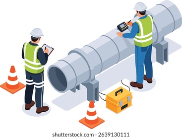 Engineer inspection Technicians testing to weld pipe with ultrasonic method isometric isolated illustration