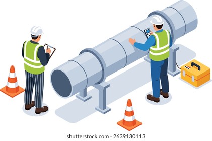 Engineer inspection Technicians testing to weld pipe with ultrasonic method isometric isolated illustration