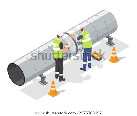 Engineer inspection Technicians testing to weld pipe with ultrasonic method  isometric isolated illustration