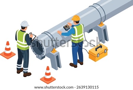 Engineer inspection Technicians testing to weld pipe with ultrasonic method isometric isolated illustration