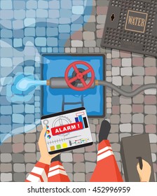 Engineer inspects flooded urban underground utilities using tablet device. Vector illustration