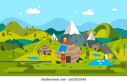 engineer installing solar panel in Honai custom home with mountain landscape as background. use for poster, infographic and other.