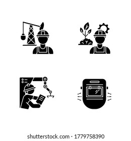 Engineer job black glyph icons set on white space. Petroleum extraction worker. Environmental engineering. Project management for factory work. Silhouette symbols. Vector isolated illustration