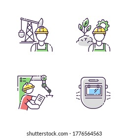 Engineer job RGB color icons set. Petroleum extraction worker. Environmental engineering. Project management for factory work. Welder mask for labor safety. Isolated vector illustrations