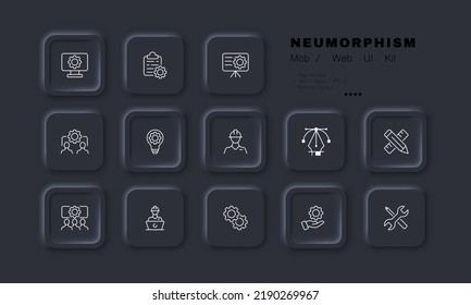 Engineer job set icon. Computer, gear, flipchart, teamwork, build, workflow, light bulb, creative idea, pencil, ruler, helmet, wrench, screwdriver. Construction concept. Neomorphism. Vector line icon.