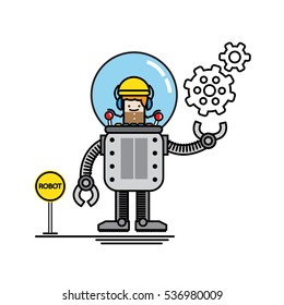 The engineer kid is control his own robot. High technology engineering and electronics education. Flat style vector illustration cartoon design