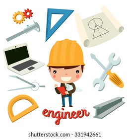 Engineer Kid With Tools. Vector Set.