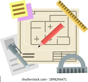 Engineer kit. Drawing plan of building. Design and project documents. Set of drawing items. Construction Flat House blueprint. Technical scheme