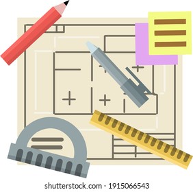 Engineer kit. Drawing plan of building. Design and project documents. Set of drawing items. Construction Flat House blueprint. Technical scheme