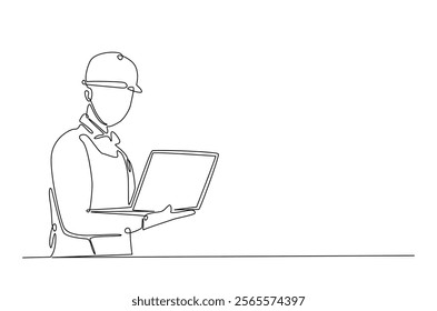 Engineer with laptop in continuous one line drawing. Single line art draw of technician working with netbook. Editable vector.