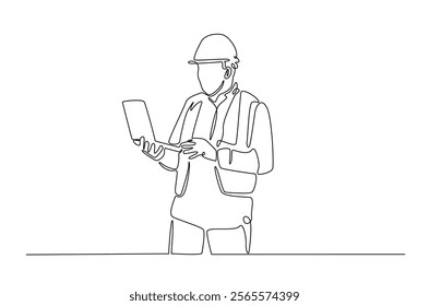 Engineer with laptop in continuous one line drawing. Single line art draw of technician working with netbook. Editable vector.