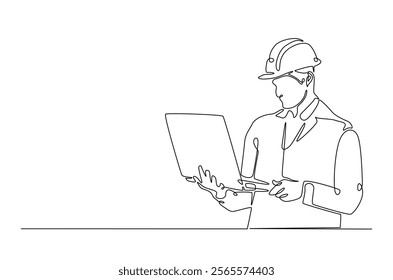 Engineer with laptop in continuous one line drawing. Single line art draw of maintenance worker with laptop. Editable vector.