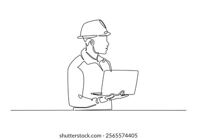 Engineer with laptop in continuous one line drawing. Single line art draw of technician working with netbook. Editable vector.